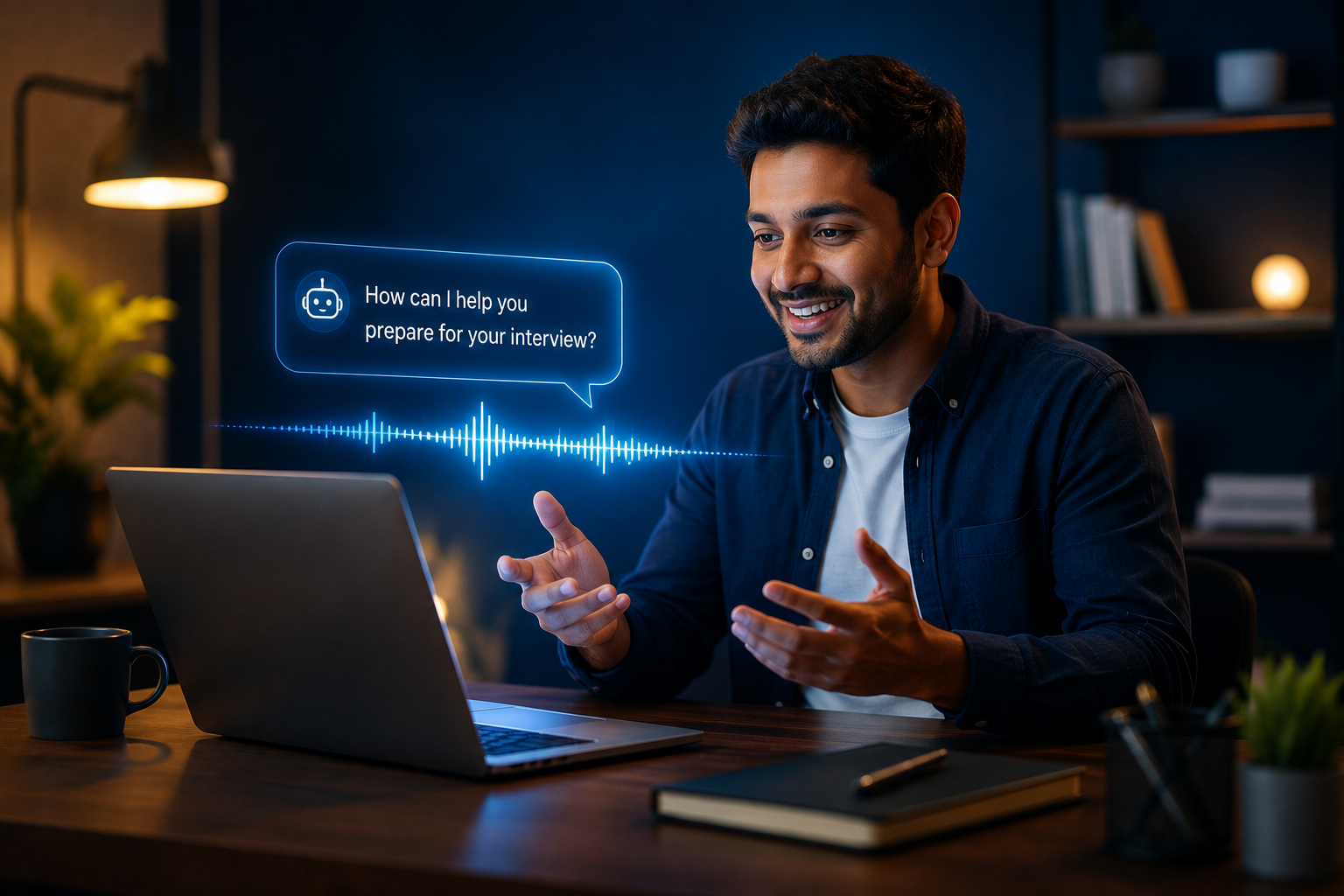 Candidate happily using laptop for an online interview